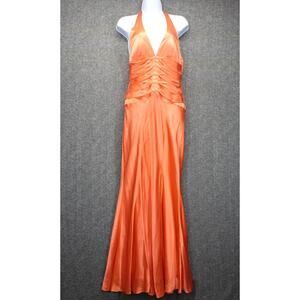 CACHE VTG Gown Silk Coral Formal Plunge neckline Ribbon bodice Size 4